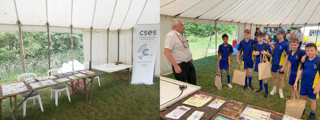 The CSES stand at the Skills Festival, empty and with students talking to the CSES volunteers