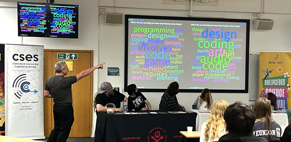 A panel of speakers looking and pointing at the projector screen with word cloud on it, while students in the audience look on