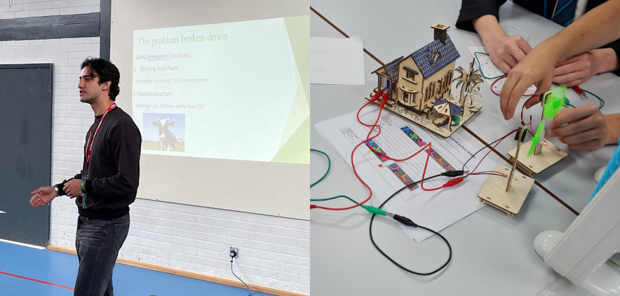 A person giving a talk on greenhouse gas emissions and students working with wind turbine models