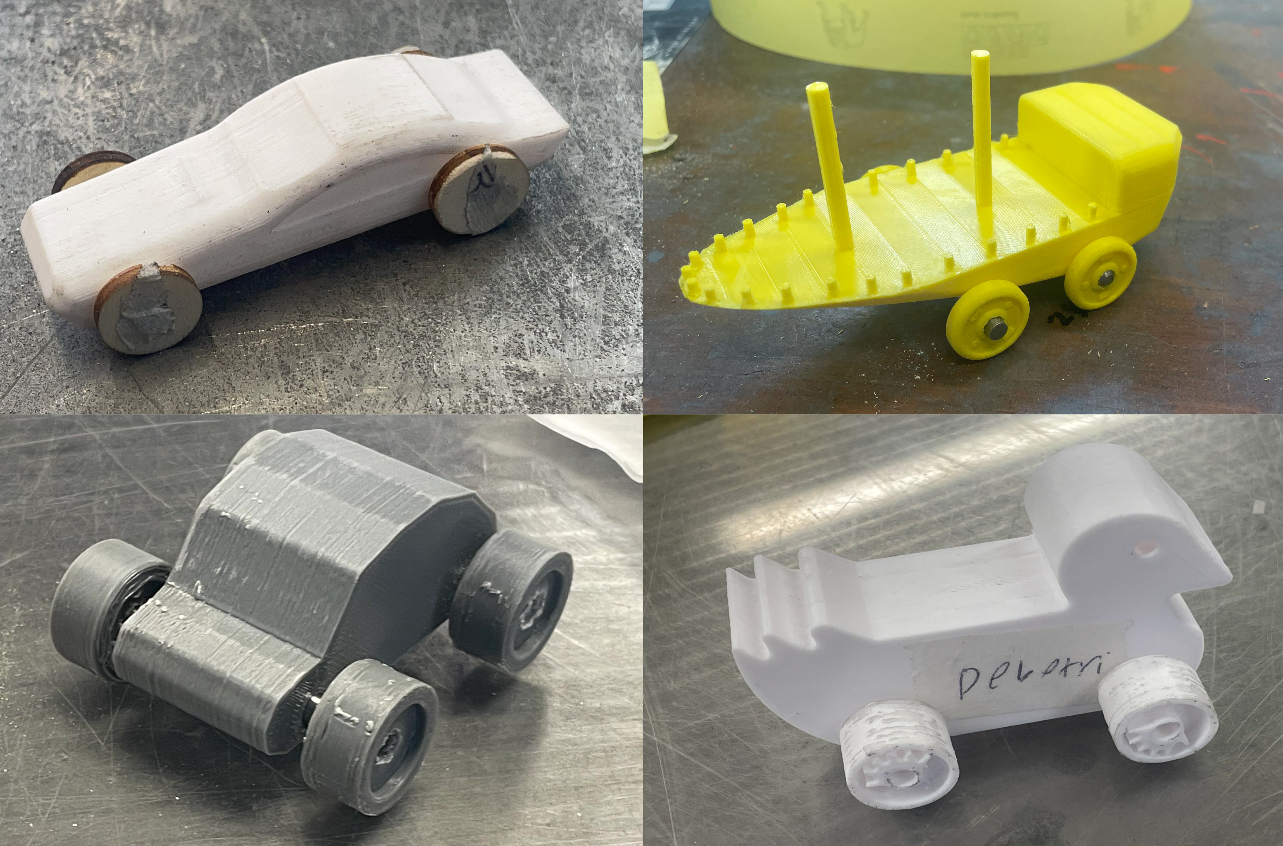 A 3D-printed car, boat, truck and duck