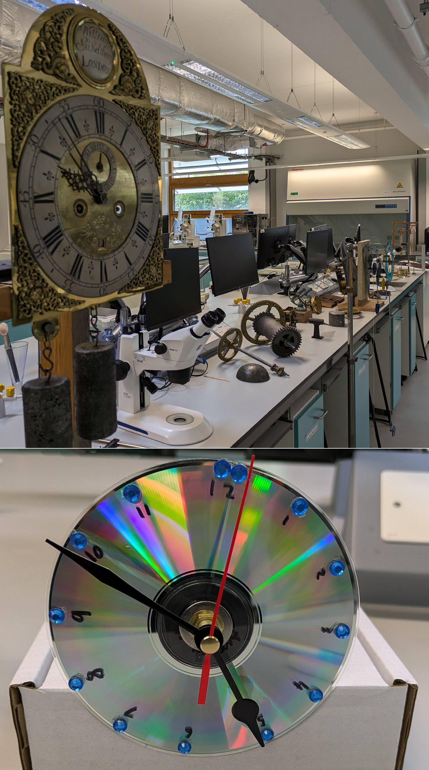 An ornate clock mechanism and a clock made out of a CD