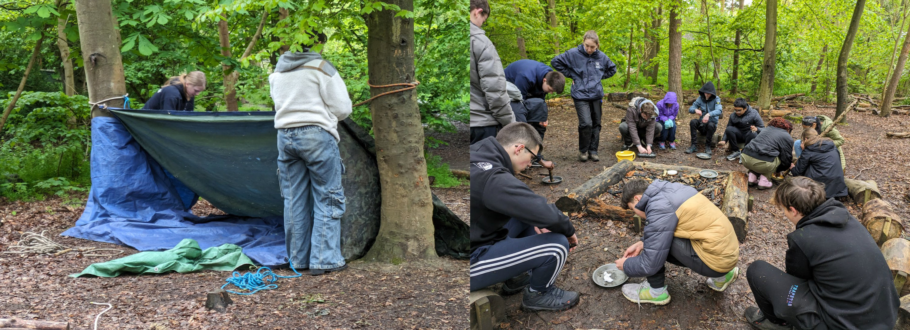 Students erecting a bivouac shelter and round a campfire at the Essex Wildlife Discovery Centre