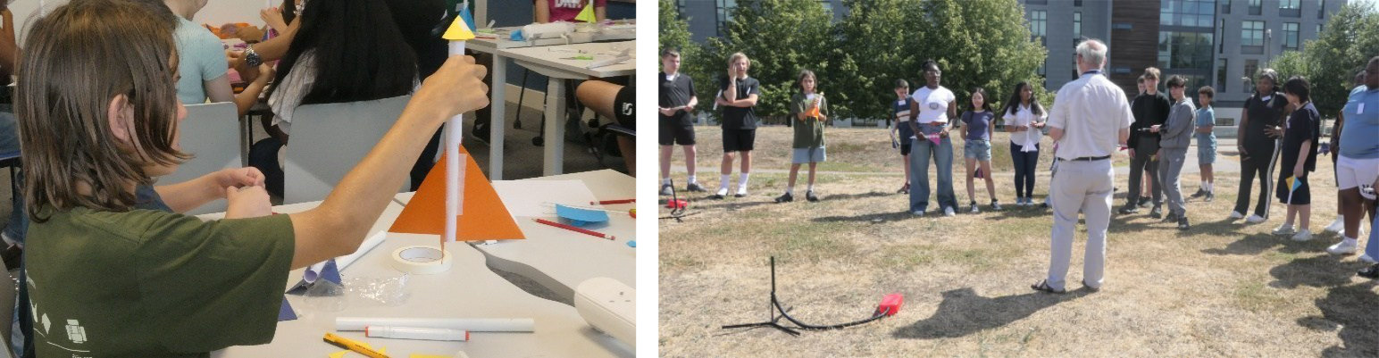 A student building a paper rocket with nose cone and stabilising fins, and a group of students outside launching a paper rocket with an air foot pump