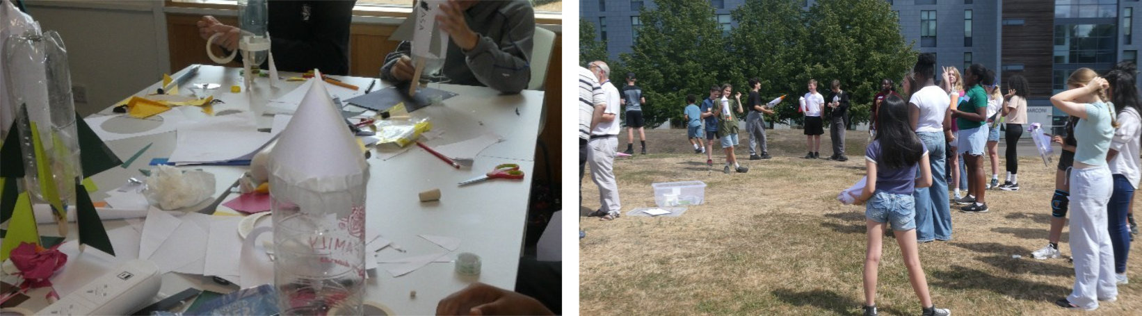 A rocket made of a plastic bottle with a paper nose cone, and a group of students launching their bottle rockets outside