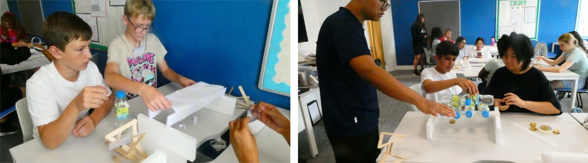 Two students building a paper bridge between two stands about 60 cm apart, and a team of three students testing their paper bridge by placing 5 full 500 ml water bottles on it