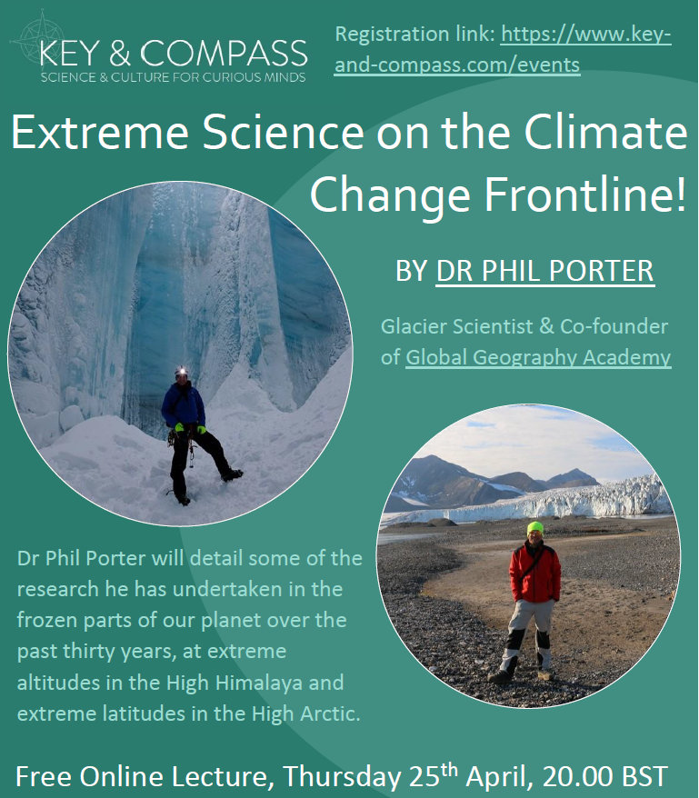 Poster for event showing pictures of Dr Phil Porter exploring arctic glacier regions