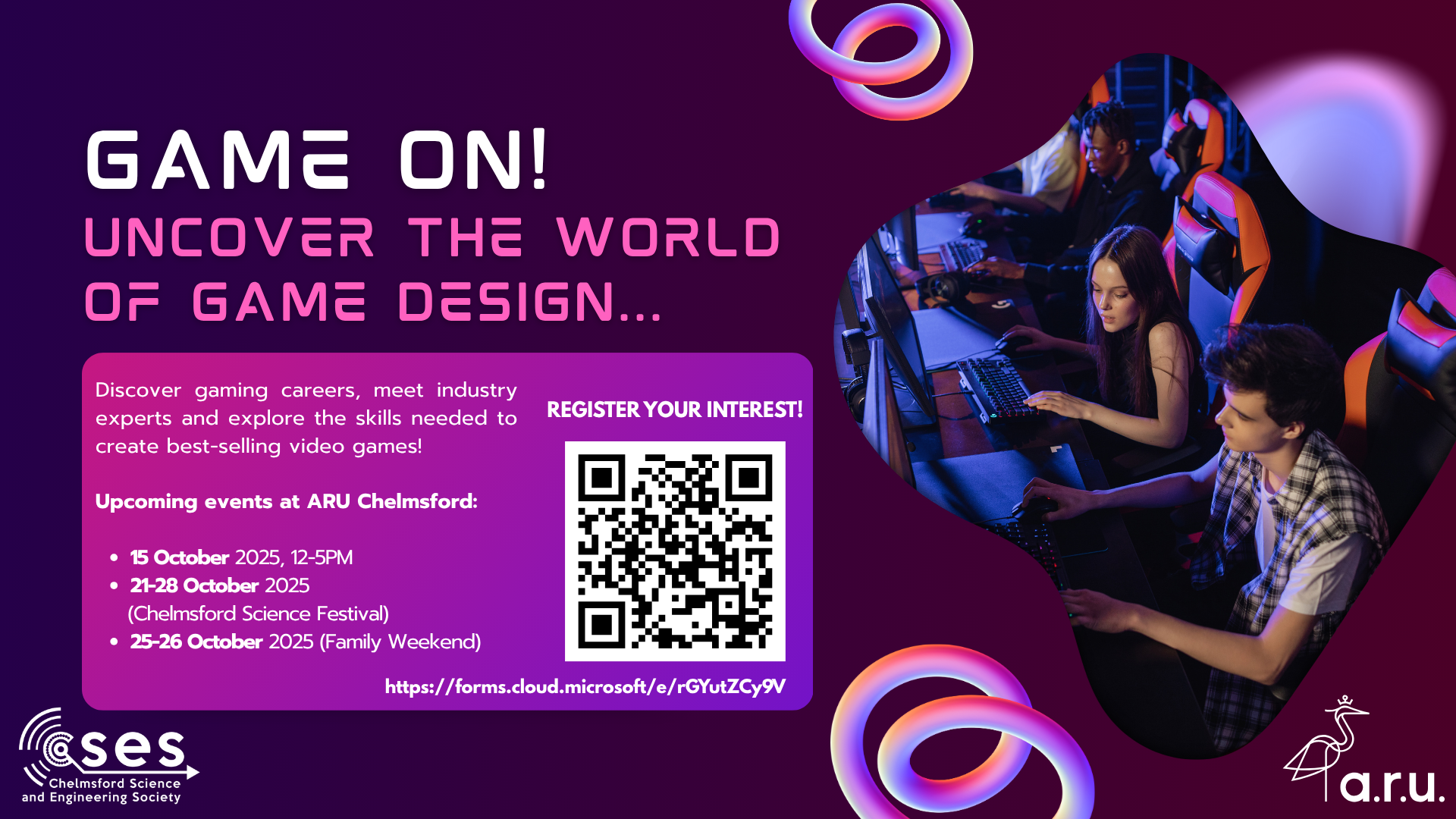 Game On! publicity image, purple design with people playing e-sports