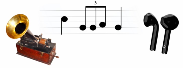 A gramophone, musical notes and a pair of ear buds