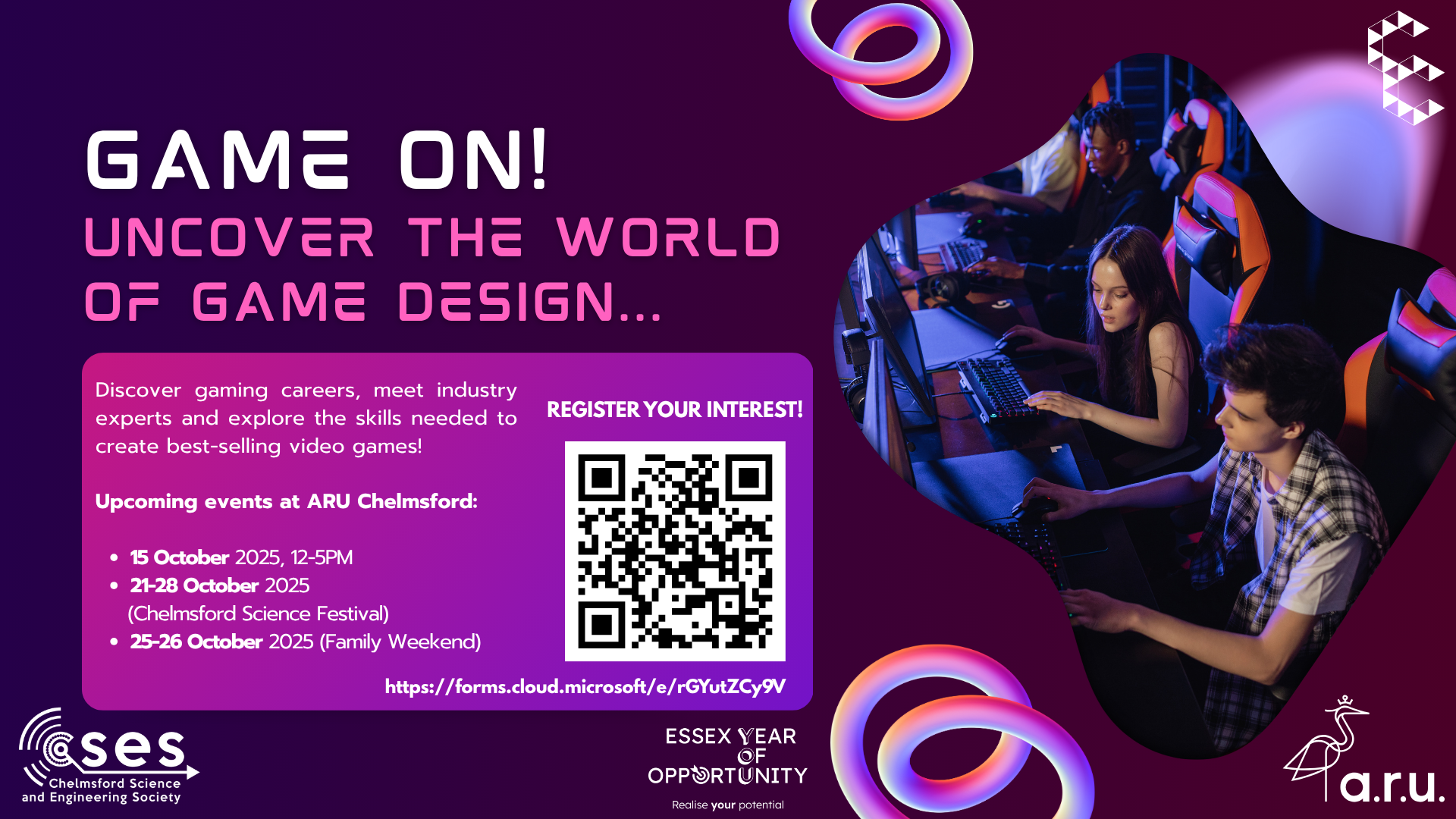 Game On! publicity image, purple design with people playing e-sports