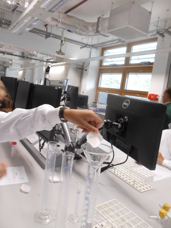 Students investigating buoyancy by adding sand to make floating test tube sink