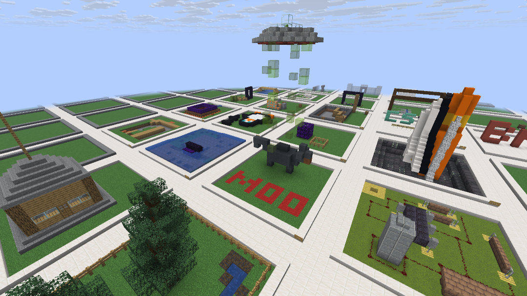 Screenshot of the Minecraft virtual world with a grid containing people's sculptures in each square