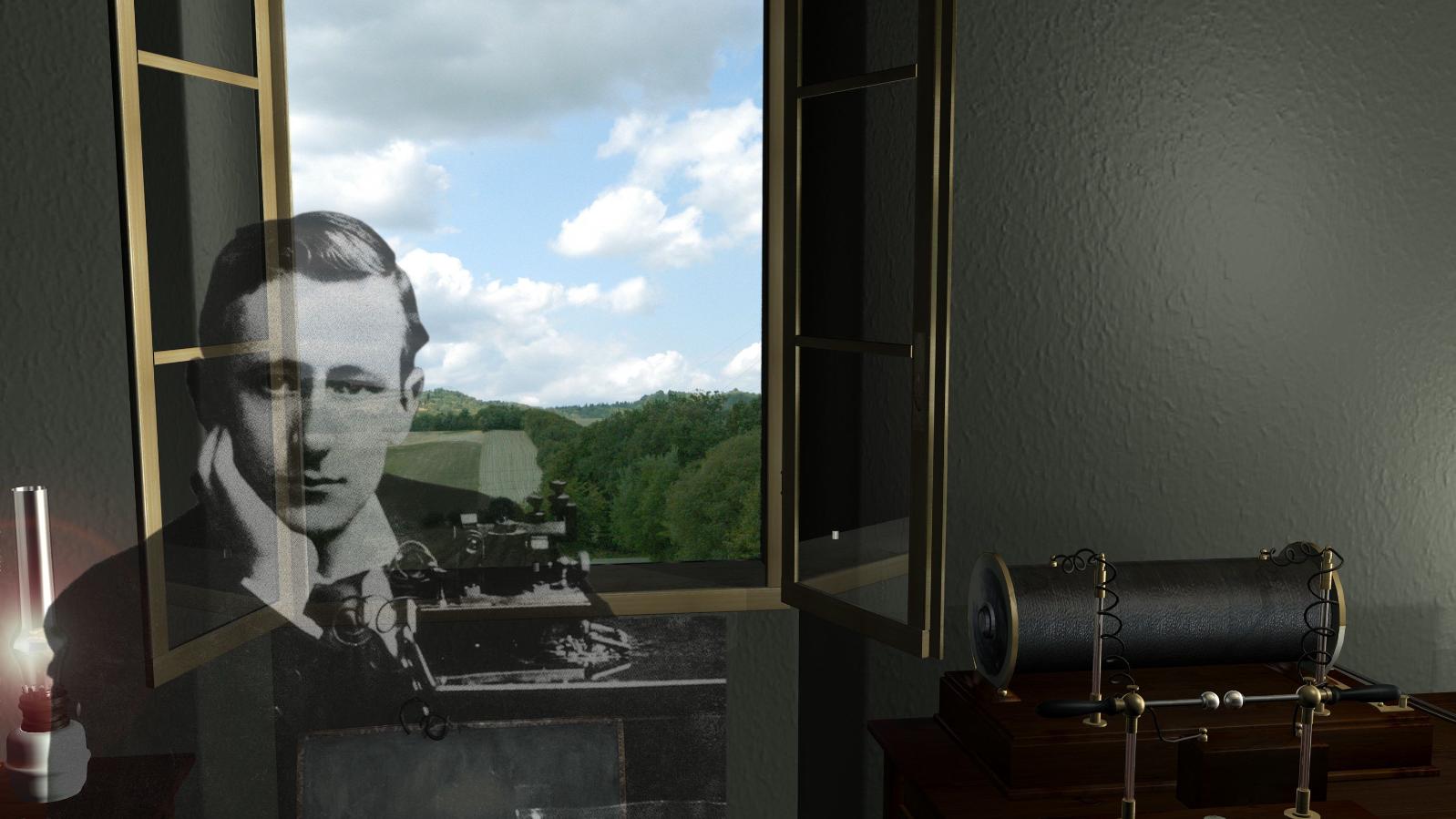 Image of Guglielmo Marconi overlaid on an open window, with some of his equipment in the foreground