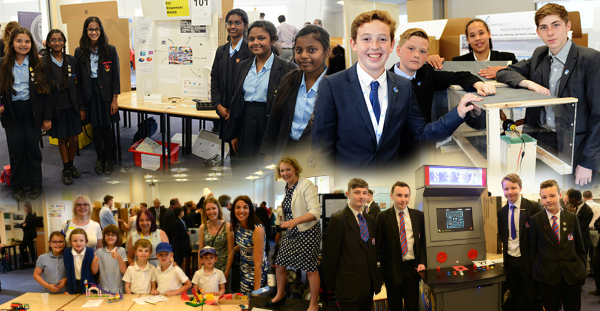 A montage image of students exhibiting their projects at competitions