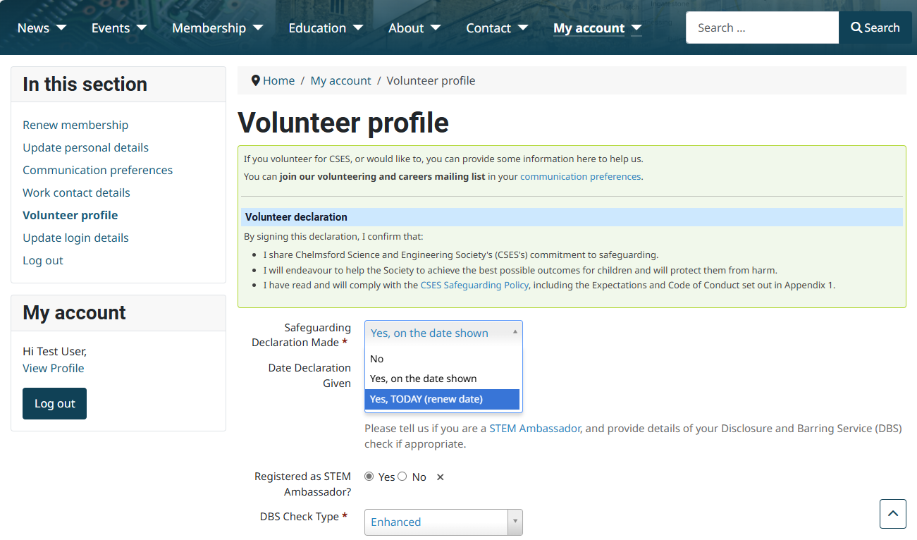 Volunteer profile screenshot